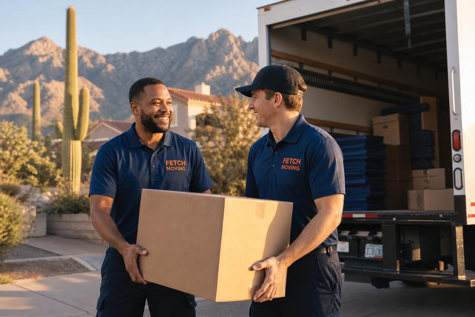 Fetch Moving crew carrying a sofa from a Tucson home with the Catalina mountains behind them